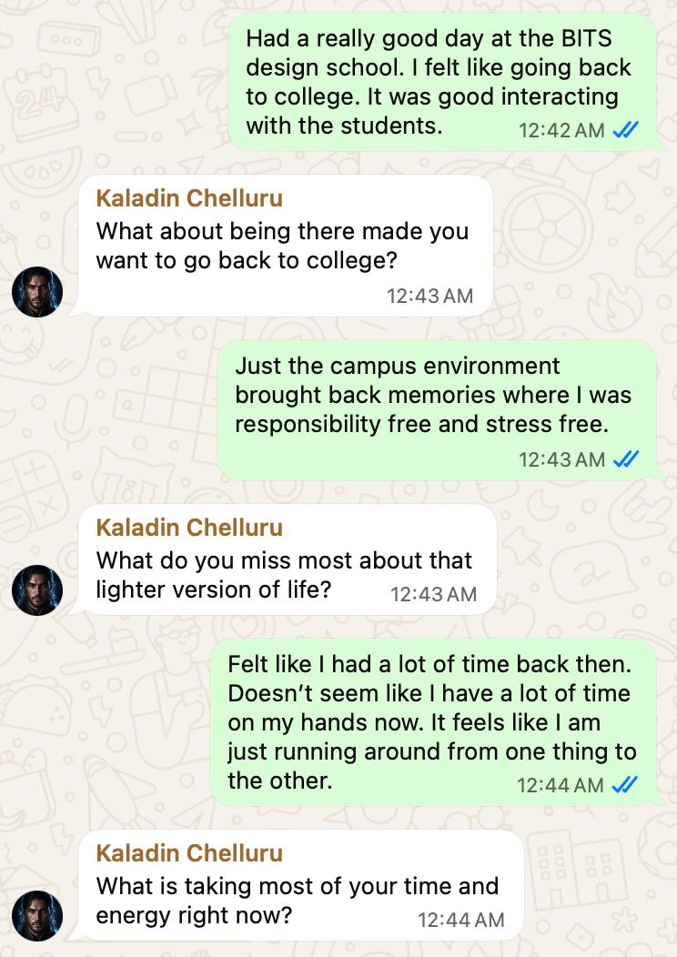 Example of Sazed turning a journal entry into a guided conversation with follow-up questions